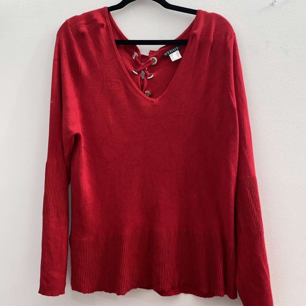VENUS Womens Red Sweater‎ Casual 3X Lattice Tie Up Back